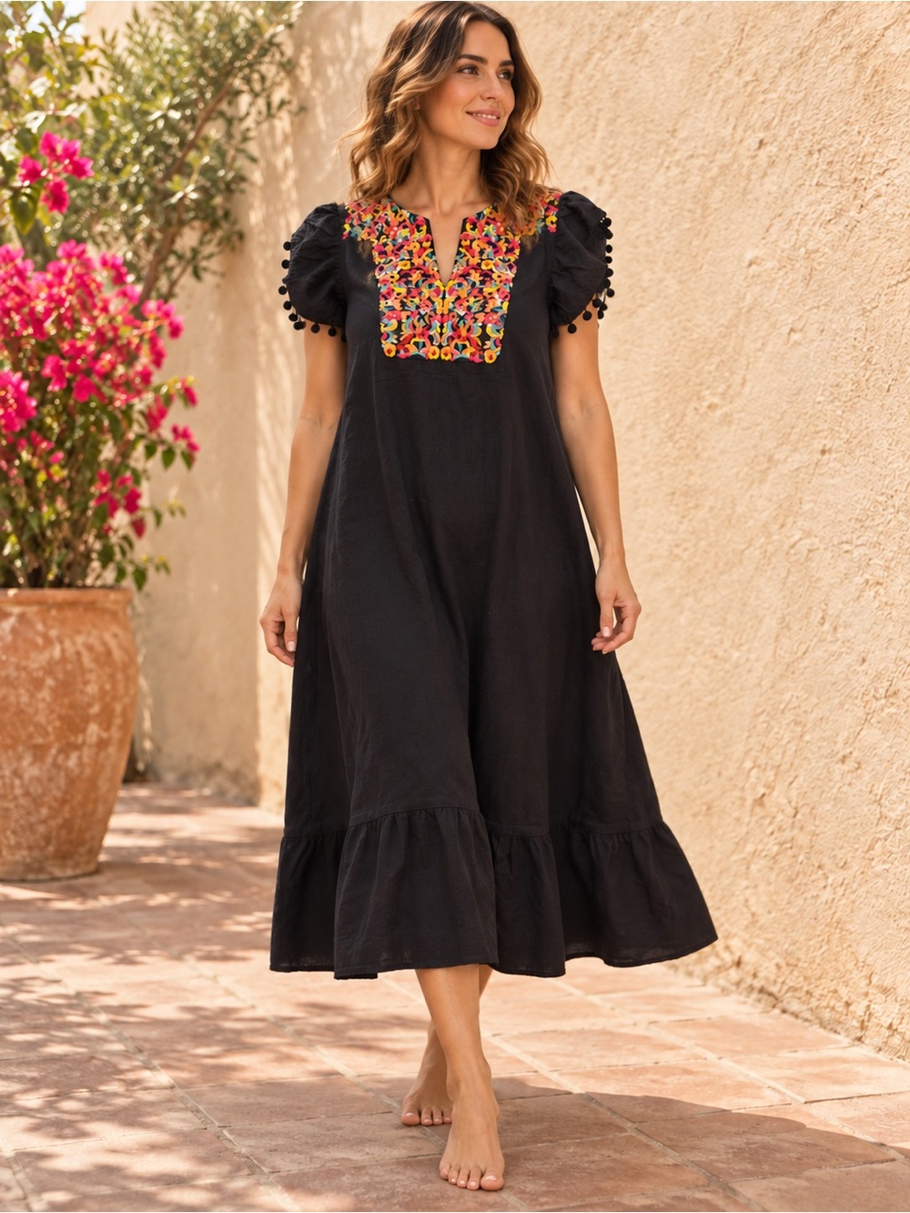 Black Embroidered Puff-Sleeve Midi Dress